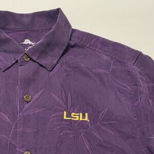 LSU Tommy Bahama Bali Border Floral 100% Silk Camp Shirt Men's L Purple Resort